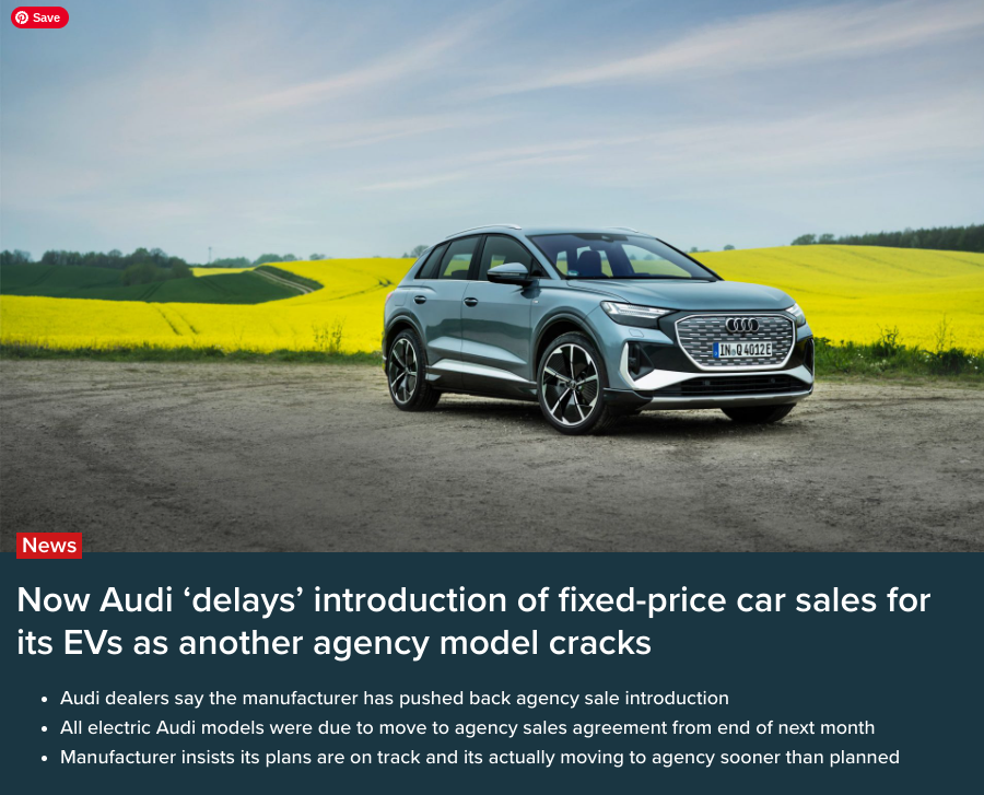 Headline section of press article reporting Audi''s delay in implementing agency model