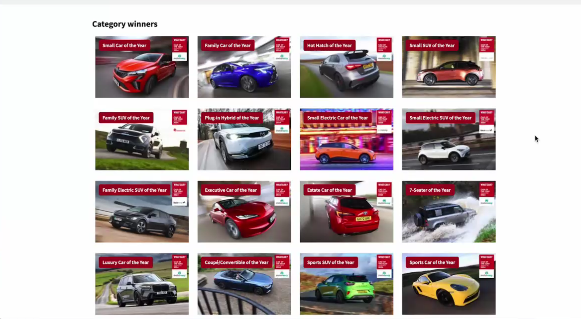 Page of photographs of available cars to buy from WhatCar? magazine